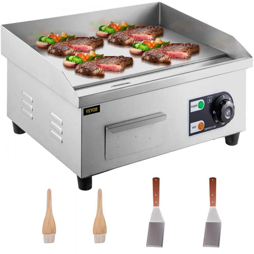 VEVOR 14" Electric Countertop Flat Top Griddle 110V 1500W Non-Stick Commercial Electric Griddles Restaurant Teppanyaki Grill Stainless Steel Adjustable Temperature Control 122°F-572°F, Sliver - DPL14YC818BPJCMS1V1