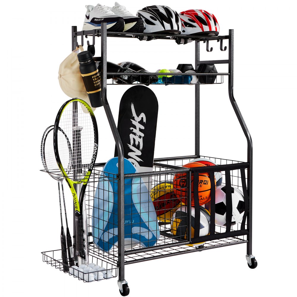 VEVOR Sports Equipment Garage Organizer, Rolling Ball Storage Cart on Wheels, Basketball Rack with Baskets & Hooks, Indoor/Outdoor Sports Gear and Toys Storage, Steel Sports Equipment Organizer, Black - QLSNJHSS4G2GUA6PTV0