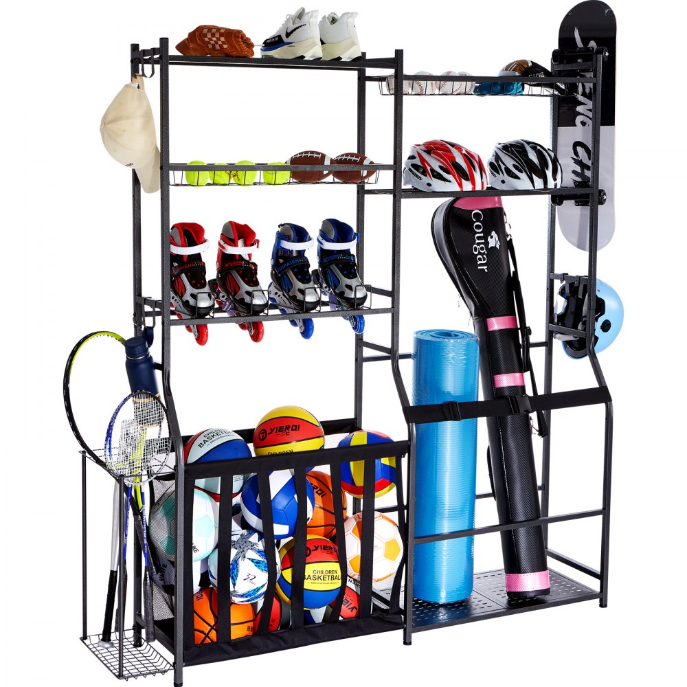 VEVOR Golf Storage Garage Organizer, 2 Golf Bag Storage Stand Holder and Other Sports Equipment Storage Rack, Outdoor Steel Ball Cart, Sports Gear and Toys Storage Shelves with Baskets & Hooks, Black - GEFSNJHSF0G2GAR4SV0