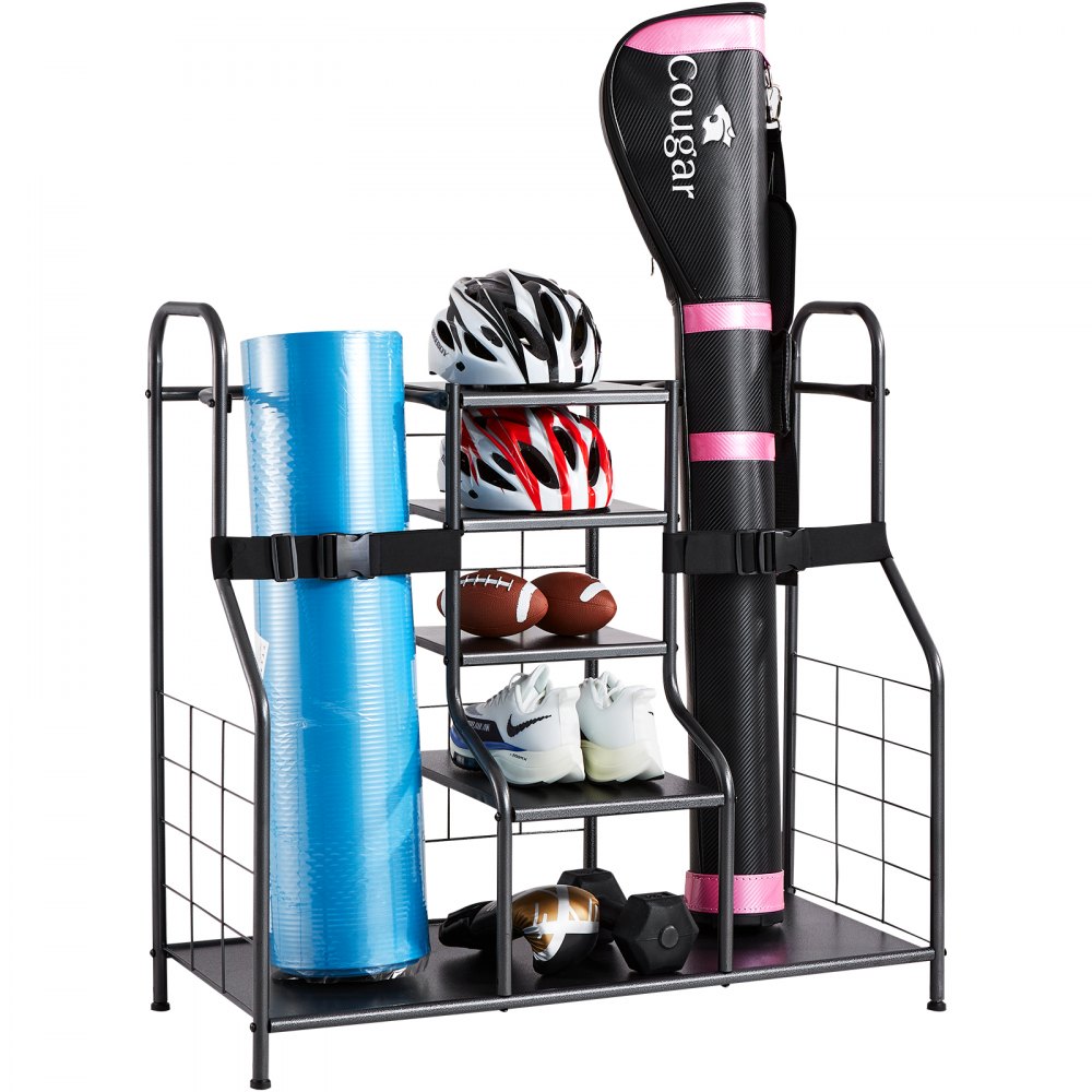 VEVOR Golf Storage Garage Organizer, 2 Golf Bag Storage Stand Holder and Other Sports Equipment Storage Rack, Outdoor Steel Garage Organizer Shelves, Sports Gear and Toys Storage for Gym Shed, Black - GEFSNJHSF0G2F5DPXV0
