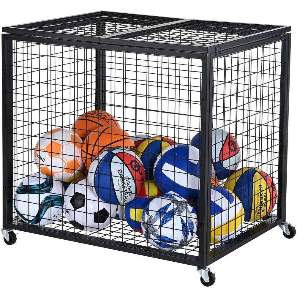 VEVOR Rolling Sports Ball Storage Cart, Lockable Basketball Cage with Double Lids, Sport Equipment Holder Organizer for Indoor Outdoor, Steel Storage Rack for Garages, Playgroup, Gym and Schools - QL363026YCTJW44KTV0