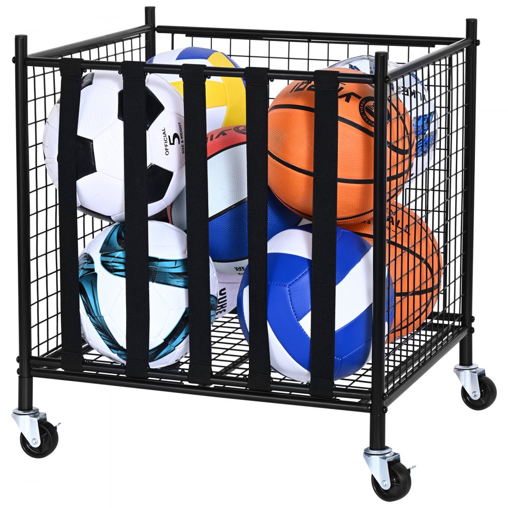 VEVOR Rolling Sports Ball Storage Cart, Lockable Basketball Cage with Elastic Straps, Sport Equipment Holder Organizer for Indoor Outdoor, Steel Storage Rack for Garages, Playgroup, Gym and Schools - QL201922YCDL7UL46V0