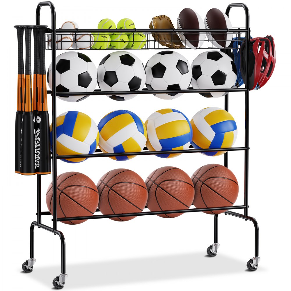 VEVOR Basketball Rack, 4-Layers Rolling Basketball Shooting Training Stand, Sports Equipment Storage Organizer with Wheels, Hooks and Baskets, Garage Ball Storage Holder for Football Soccer Volleyball - ZSSNJ411849YBQ2O4V0
