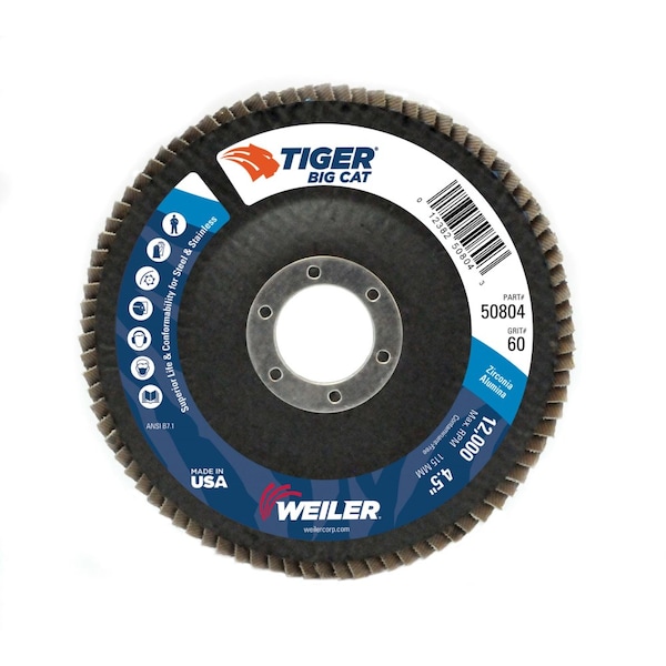 Weiler Disco de Láminas Abrasivas Big Cat de 4-1/2", Plano (TY27), 60Z, 7/8" - 50804