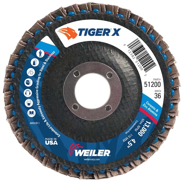 Weiler 4-1/2" Lijadora de solapa Tiger X, Cónica (TY29), Respaldo fenólico, 36Z, 7/8" - 51200