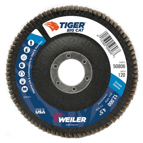 Weiler 4-1/2" Big Cat Abrasive Flap Disc, Flat (TY27), 120Z, 7/8" - 50806 

Disco de láminas abrasivas Big Cat de 4-1/2" de Weiler, plano (TY27), 120 Z, 7/8" - 50806.