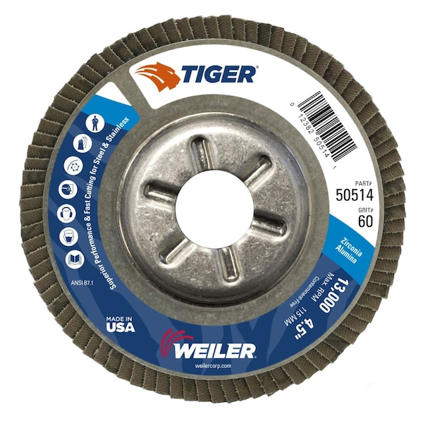 Weiler 4-1/2" Tiger DiscFlap Disc, Cónico (TY29), 60Z, 7/8" - 50514
