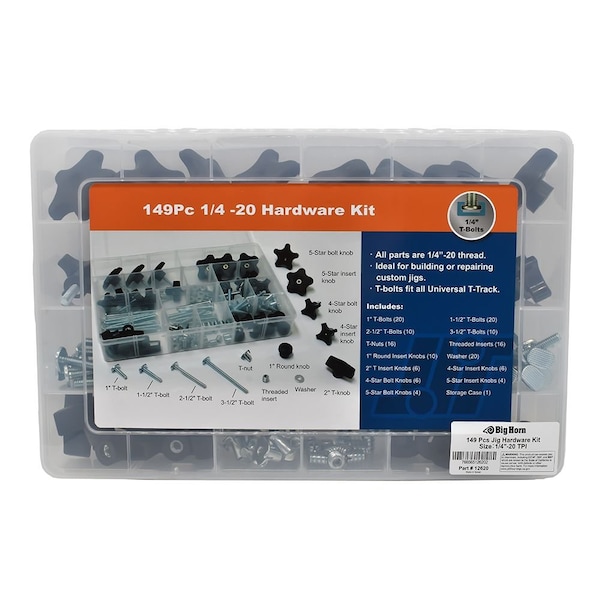 Big Horn 149 Piece Universal T-Track & Jig Hardware Kit-1/4 Inch -20 TPI - 12620