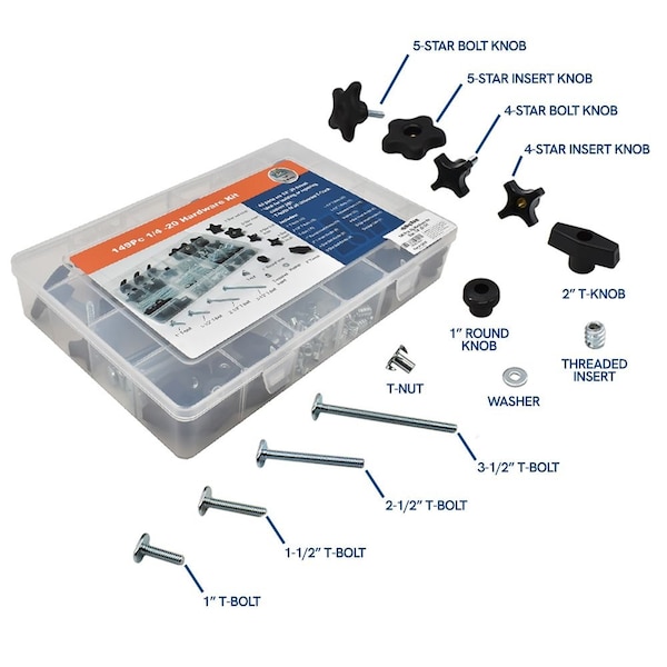 Big Horn 149 Piece Universal T-Track & Jig Hardware Kit-1/4 Inch -20 TPI - 12620