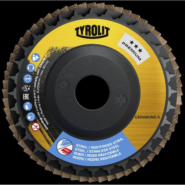 Disco de láminas Tryolit Abrasives de cerámica premium CERABOND X de 5 pulgadas x 7/8 pulgadas, tipo 27, 40 granos - 34334429.