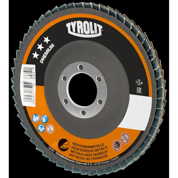 Disco de aletas cerámico premium Tryolit Abrasives de 4-1/2 pulgadas x 7/8 pulgadas, Tipo 29, 120 granos - 34334910.