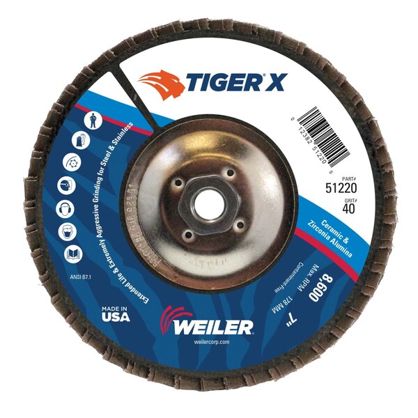 Disco de láminas Weiler 7" Tiger X, Cónico (TY29), Respaldo Fenólico, 40 Grit, 5/8-11" - 51220