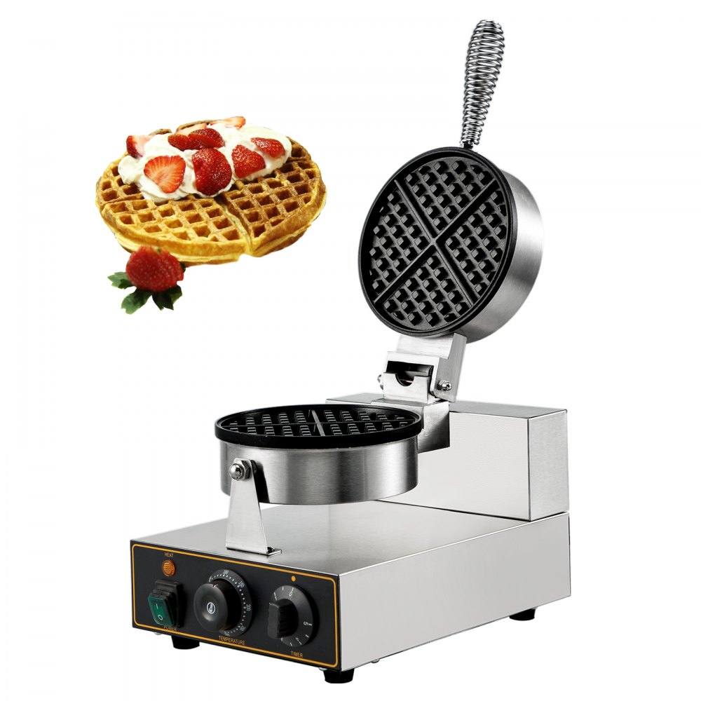 VEVOR Commercial Round Waffle Maker Nonstick 1100W Stainless Steel 110V Temperature and Time Control, Suitable for Restaurant Bakeries Snack Bar Family, Non-rotated - HFBJDTYXHFLHT-101V1