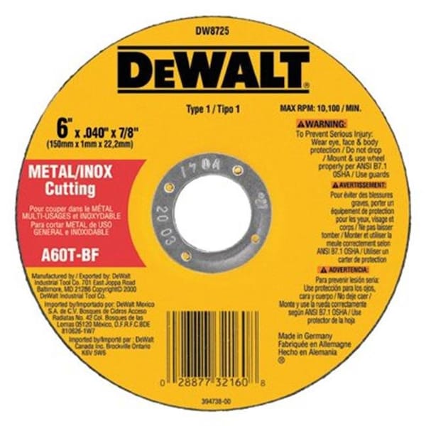 Dewalt 115-DW8725 6 pulgadas X.040 pulgadas X.88 pulgadas A60T Metalthin Rueda de corte tipo 1 - 115-DW8725
