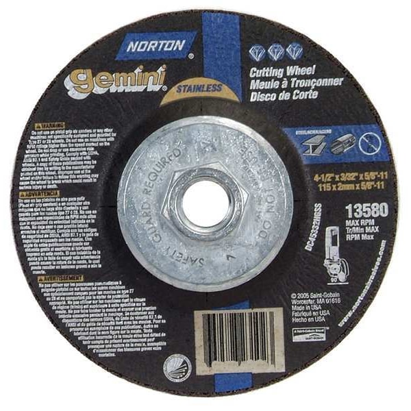Ruedas de centro deprimido Norton Abrasives, Tipo 27, 4 1/2 pulgadas de diámetro, 0.0938 pulgadas de grosor, tamaño de agujero de husillo de 5/8"-11 - 66252842027