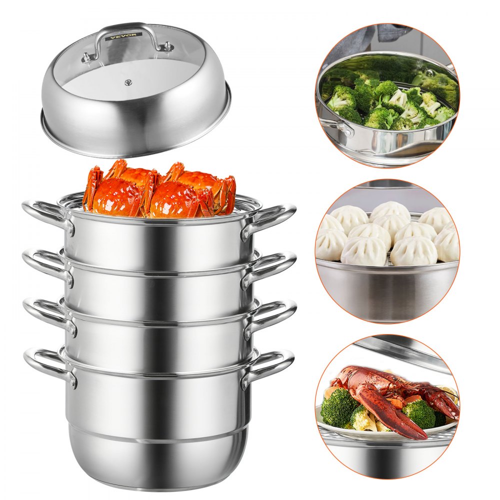 VEVOR Dumpling Steamer Stainless Steel 5 Titer for for Cook Soup, Noodles, Fishes Work with Gas Electric Grill Stove Top, Dia 30cm/11.8inch, Pot - ZL5CBXGZL30CM0001V0