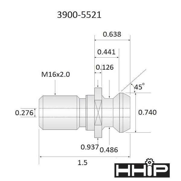 Hhip ANSI 1.5 X .74 45 Degree M16 X 2.0 Coolant Thru Retention Knob - 3900-5521