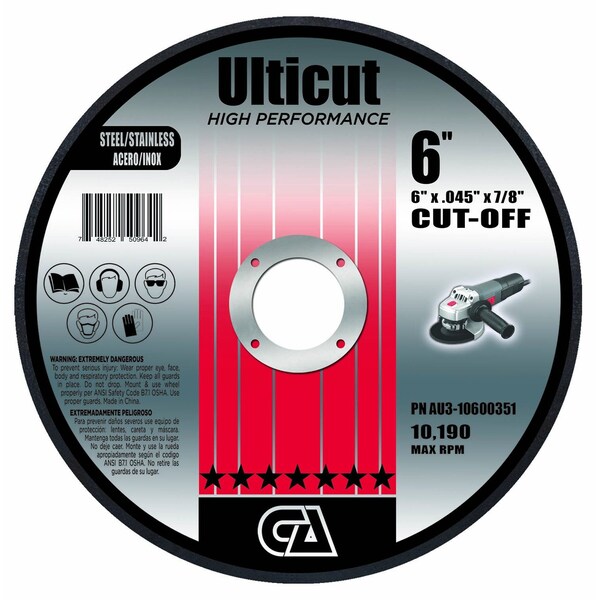 Rueda de corte delgada premium Ulticut de Continental Abrasives de 6" x .045" x 7/8" - AU3-10600351