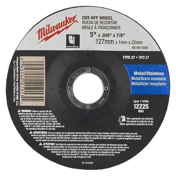 Rueda de corte Milwaukee Tool 5x .045x7/8 in., Tipo 27 - 49-94-5005