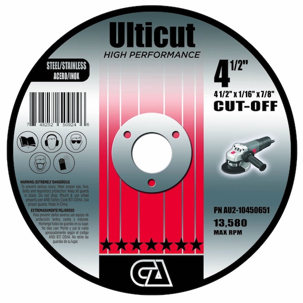 Disco de corte Ulticut Preimium T1 de Continental Abrasives de 4-1/2" x 1/16" x 7/8" - AU2-10450651