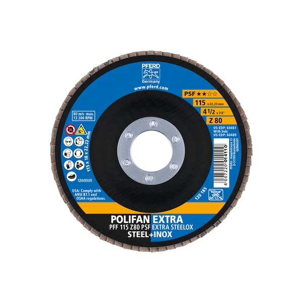 Disco de láminas POLIFAN® 4-1/2" x 7/8" A.H. Z PSF EXTRA STEELOX, de Zirconia, 80 Granos, Plano - 60461