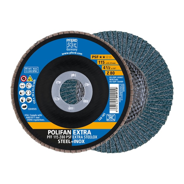 Disco de láminas POLIFAN® 4-1/2" x 7/8" A.H. Z PSF EXTRA STEELOX, de Zirconia, 80 Granos, Plano - 60461