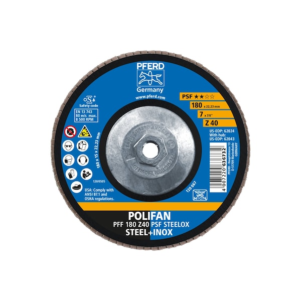 Pferd 7" x 5/8-11 Thd. Disco de láminas POLIFAN® - Z PSF STEELOX, Zirconia, 40 granos, plano - 62043