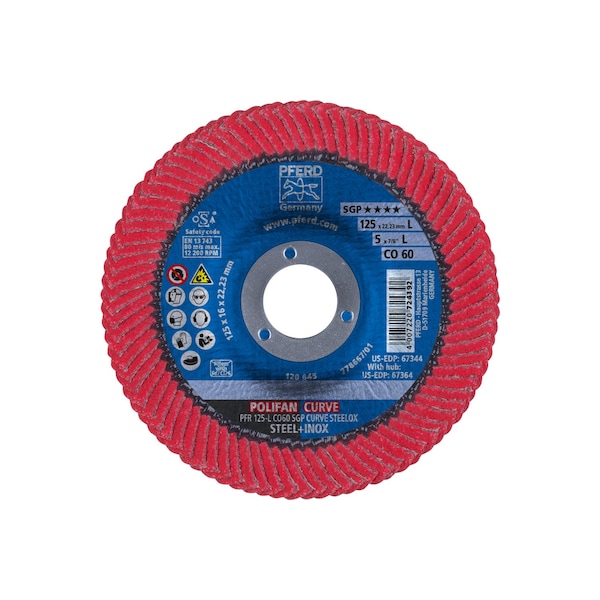 Disco de láminas Pferd 5" x 7/8" A.H. POLIFAN® - CO SGP CURVE STEELOX, Óxido de cerámica, 60 Granos, Gran radio - 67344