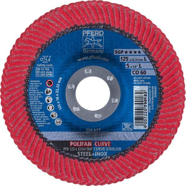 Disco de láminas Pferd 5" x 7/8" A.H. POLIFAN® - CO SGP CURVE STEELOX, Óxido de cerámica, 60 Granos, Gran radio - 67344