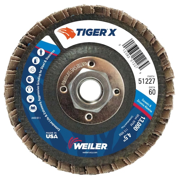 Weiler 4-1/2" Disco de Solapa Tiger X, Plano (TY27), Respaldo Fenólico, 60Z, 5/8-11" - 51227