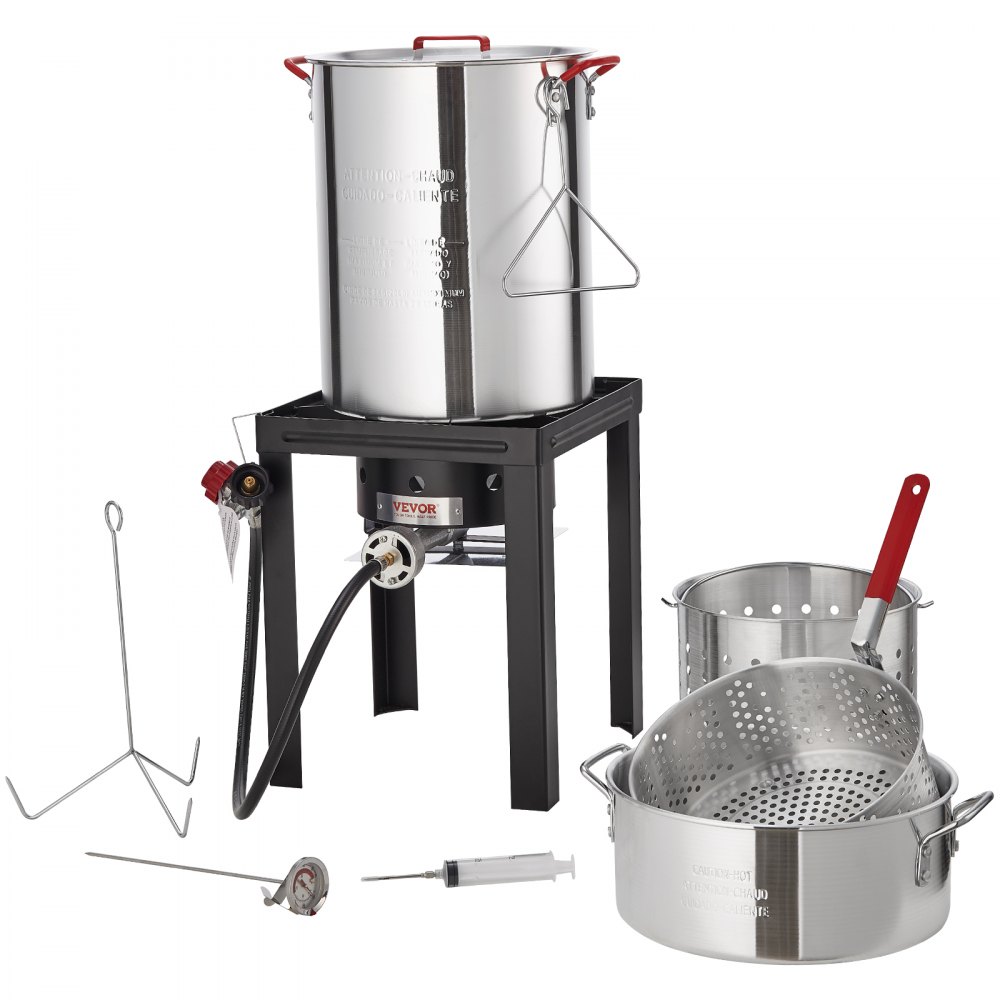 VEVOR Turkey Deep Fryer, 30-qt Turkey & 10-qt Fish Steamer Cooker Set, Outdoor Aluminum Seafood Frying Pot, 54,000 BTU Burner Propane Gas Boiler, Includes Baskets, Perforated Poultry Rack, Thermometer - HJYZGTZ30QT1068ZRV0