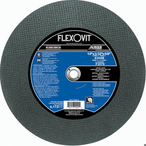 Flexovit HIGH PERFORMANCE Rueda de Corte de Larga Vida, 10 pulgadas de diámetro x 3/32 pulgadas de grosor, agujero central de 5/8 pulgadas, 30 granos, Alum - F3579