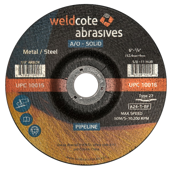 Rueda de tubería Weldcote 6 X 1/8 X 7/8 A24-T-Bf para tubería de acero T27 A-Solid - 10015