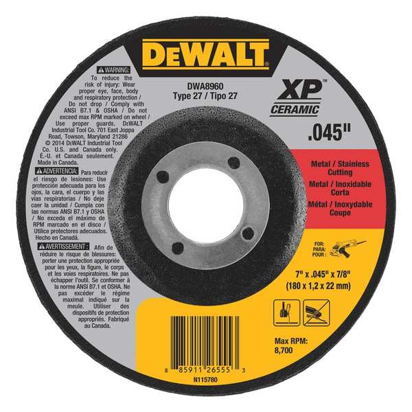 Rueda de corte para metal/acero inoxidable tipo 27 de Dewalt 7" x 1/16" x 7/8" - DWA8960L