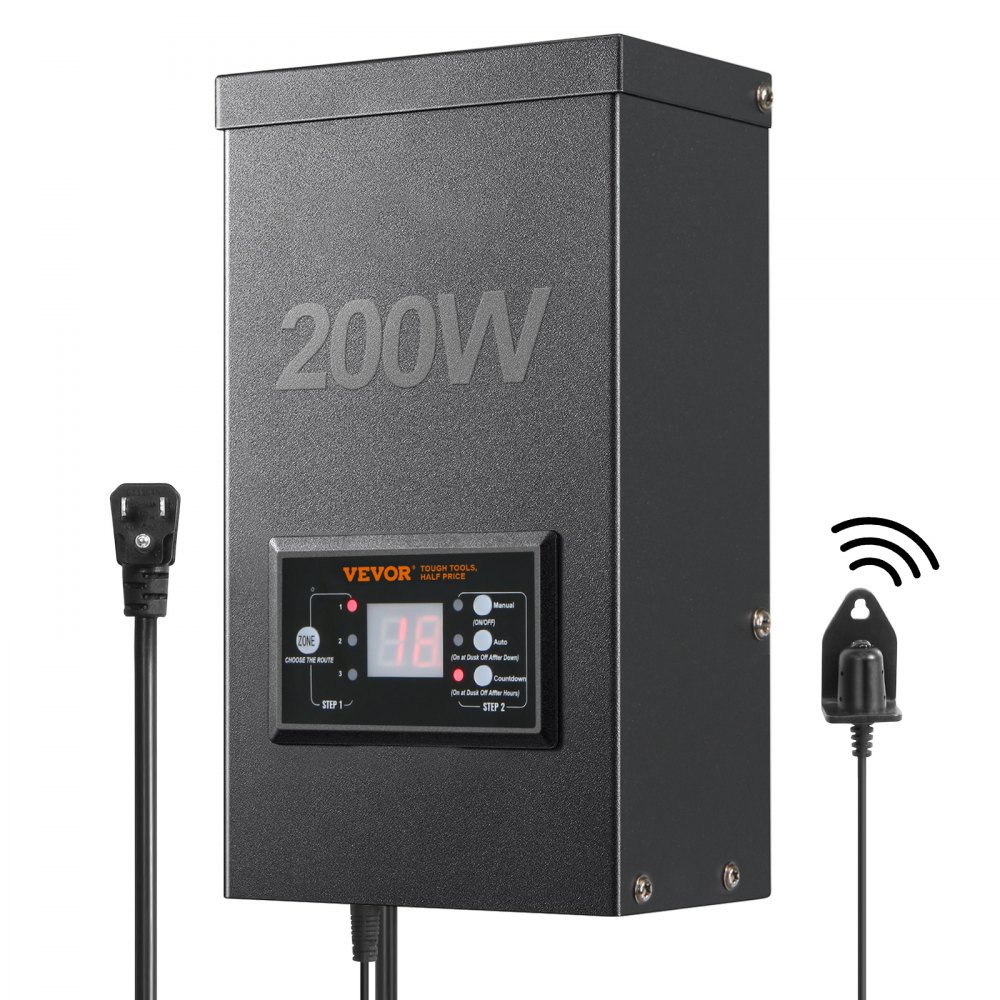 VEVOR 200W Low Voltage Landscape Transformer with Timer and Photocell Sensor, Waterproof Landscape Lighting Transformer, 120V AC to 12V/14V AC for Outdoor, Spotlight, Pathway Light, Pool light, ETL - JG200W12VAC33N2XQV1