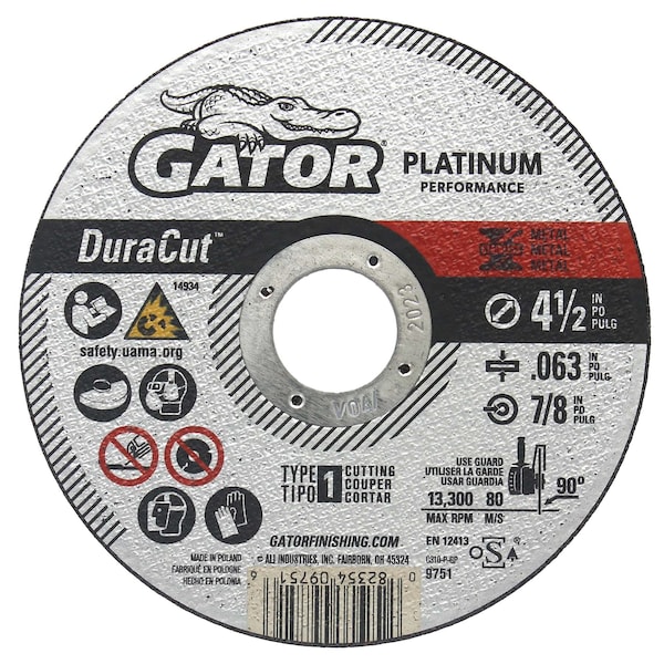 Ruedas de corte de metal tipo 1 de alto rendimiento Platinum Performance DuraCut de Gator Finishing, 4.5" x .063" x 7/8", 10 unidades - 975110.
