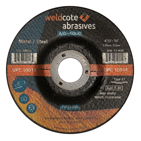 Weldcote Pipeline Wheel 4-1/2 X 1/8 X 7/8 A24-T-Bf Pipeline - Steel T27 A-Solid - 10013

Rueda para tuberías Weldcote 4-1/2 X 1/8 X 7/8 A24-T-Bf para tuberías de acero T27 A-Solid - 10013