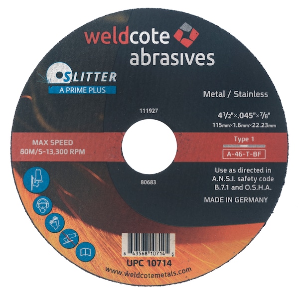 Rueda de corte Weldcote 4-1/2 X .045 X 7/8 T1, A-46-T-Bf Slitter A-Prime Plus - 10714