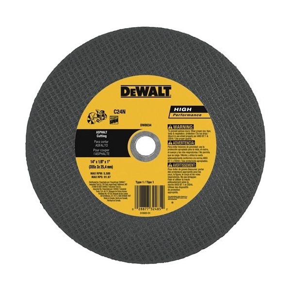 Rueda de corte portátil para asfalto Dewalt Bonded Abrasive, 14 pulgadas x 5/32 pulgadas x 1 pulgada - DW8034