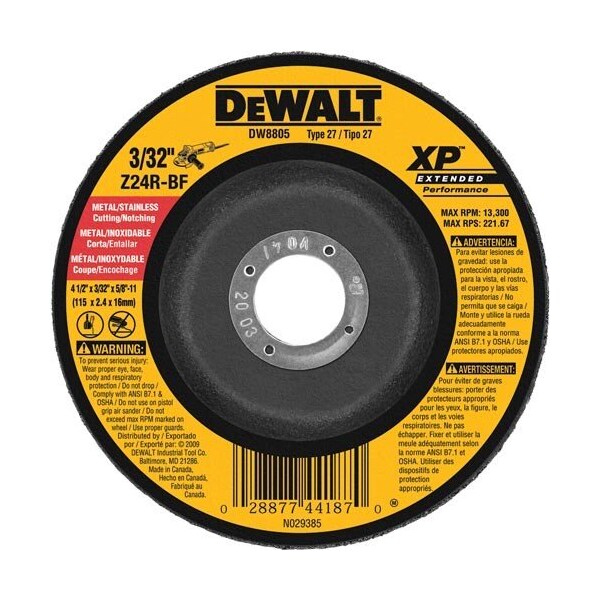 Dewalt Bonded Abrasive, 4-1/2 pulgadas x 3/32 pulgadas x 5/8 pulgadas-11 Abrasivo de circonia - DW8805.