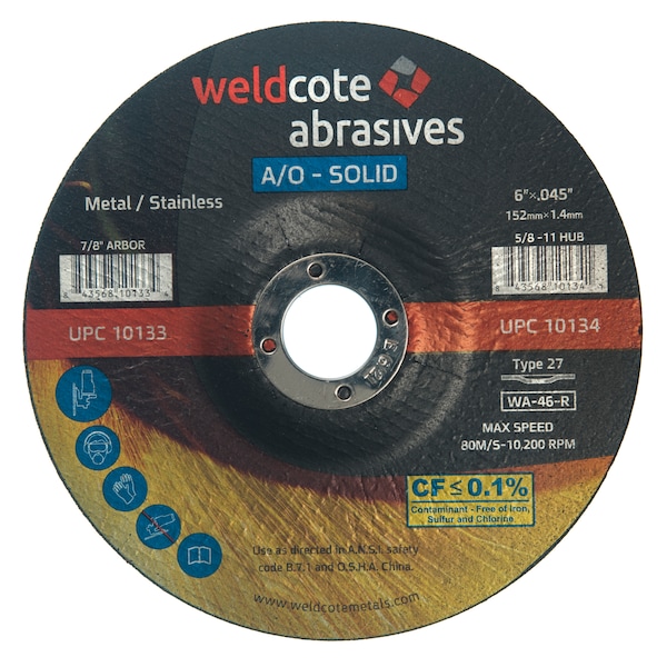 Weldcote Disco de corte 6 X 0.045 X 7/8 Corte cortador A-Solid T27 Wa46-R - 10133