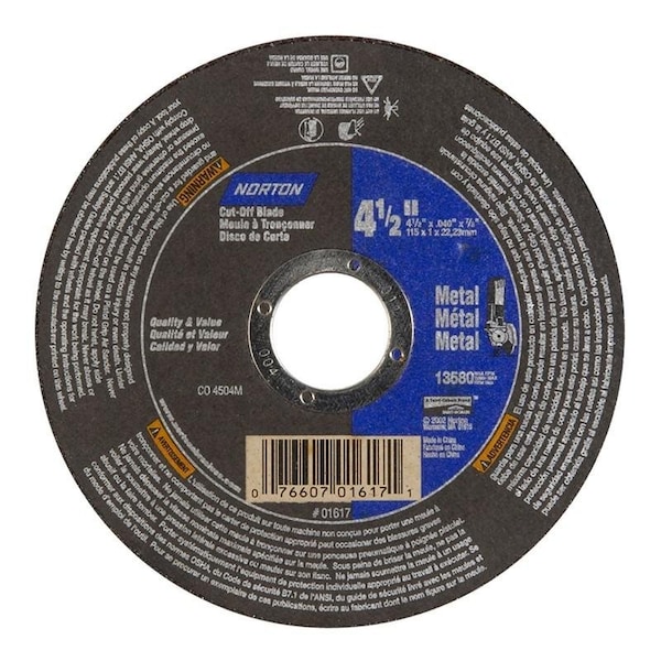 Norton Co Tipo de cuchilla para corte en ángulo recto de óxido de aluminio, Tamaño: 4-1/2 x .040 x 7/8, Máx RPM: 13580 - 076607-01617.