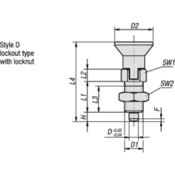 Kipp Indexing Plunger, All SS, Size: 3 D1= 5/8-11, D=8, Style D Lockout Type W Locknut, Pin Hard - K0632.004308A6