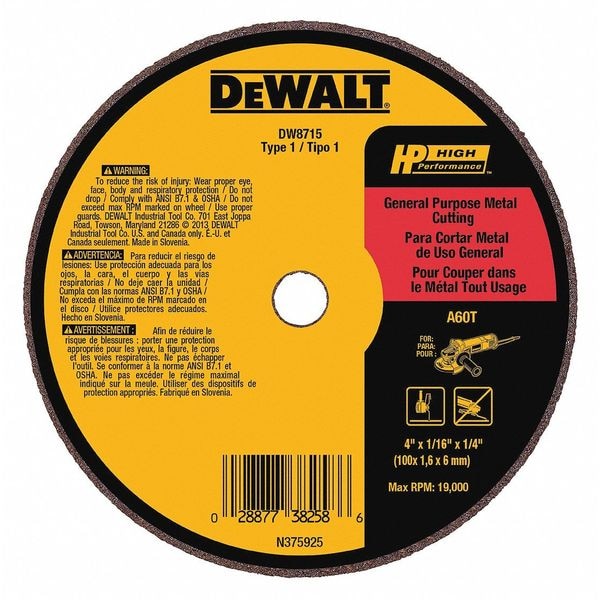 Disco de corte Dewalt, 4x1/16x1/4, Óxido de aluminio, 60 G - DW8715