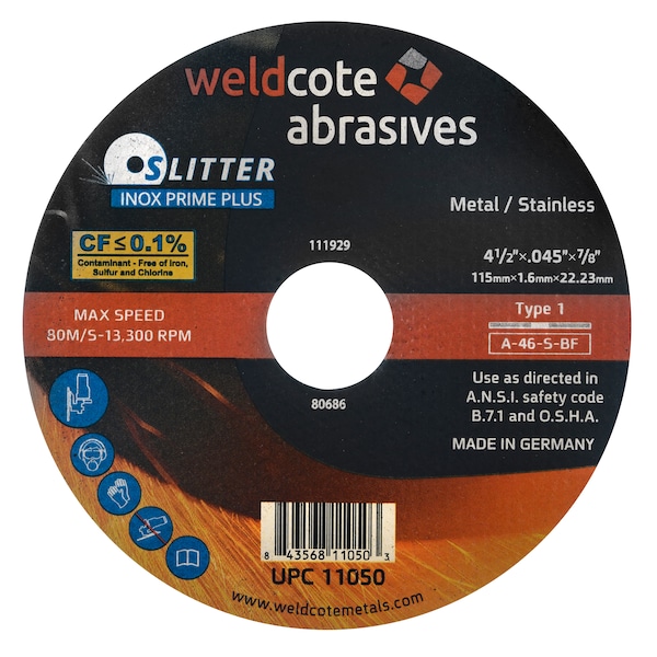 Rueda de corte Weldcote 4-1/2.0457/8 T1, Wa-46-S-Bf Slitter Inox Prime Plus - 11050.