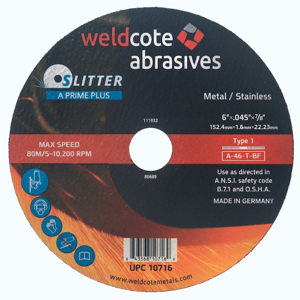 Rueda de corte Weldcote de 6 X .045 X 7/8 T1, A-46-T-Bf Slitter A-Prime Plus – 10716