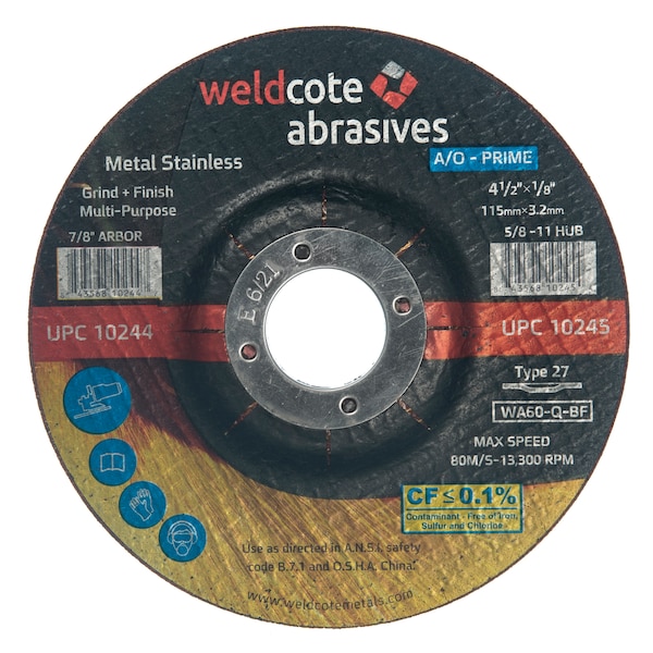 Rueda multipropósito Weldcote 4-1/2, 1/8, Wa60-Q-Bf Acero T27 Inox-Solid Mpw - 10244