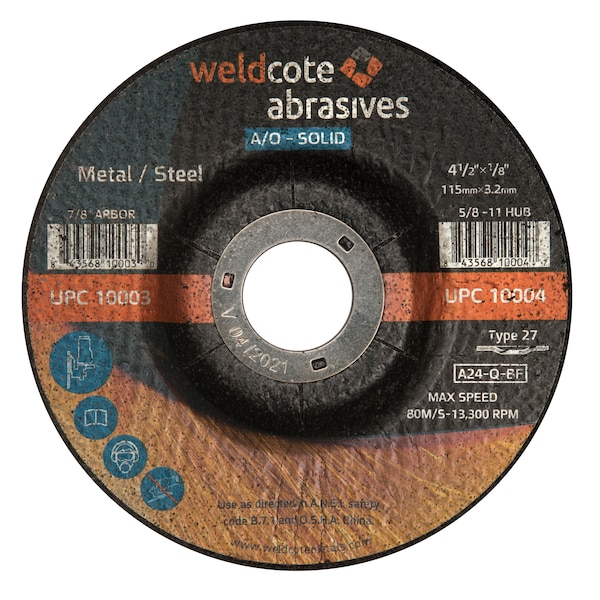 "Weldcote Cutting / Notch Wheel 4-1/2 X 1/8 X 7/8 A24-Q-Bf Acero T27 A-Solid - 10003"