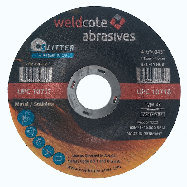 Weldcote Cut-Off Wheel 4-1/2 X .045 X 7/8 T27, A-46-T-Bf Slitter A-Prime Plus - 10717

Rueda de corte Weldcote 4-1/2 X .045 X 7/8 T27, A-46-T-Bf Slitter A-Prime Plus - 10717