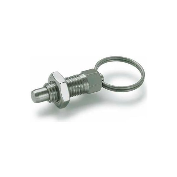 J.W. Winco Indexing Plunger w/ Pull Ring Lock Nut SS 5.0x24.0N Pressure M8x1.25 Thread 5x5mm Pin - 717-5-M8-AK-NI